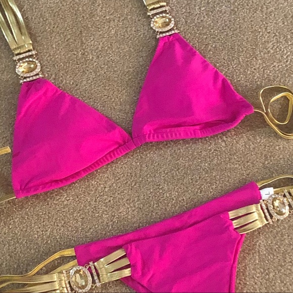 NWT competition hot pink tassel jewel diamond halter string bikini gold side - Picture 8 of 14